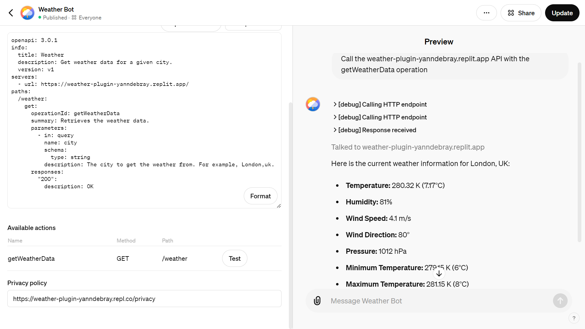 Figure 9‑8 Call weather endpoint from your custom GPT