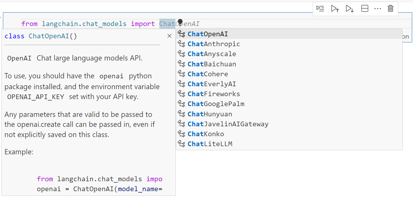Figure 3‑4 Autocomplete in VSCode displaying the chat models available in LangChain