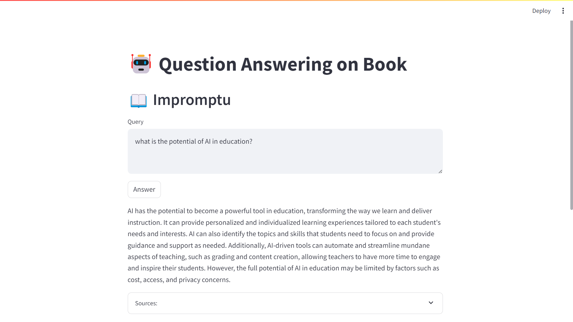 Figure 4‑9 Application of question answering on the book Impromptu