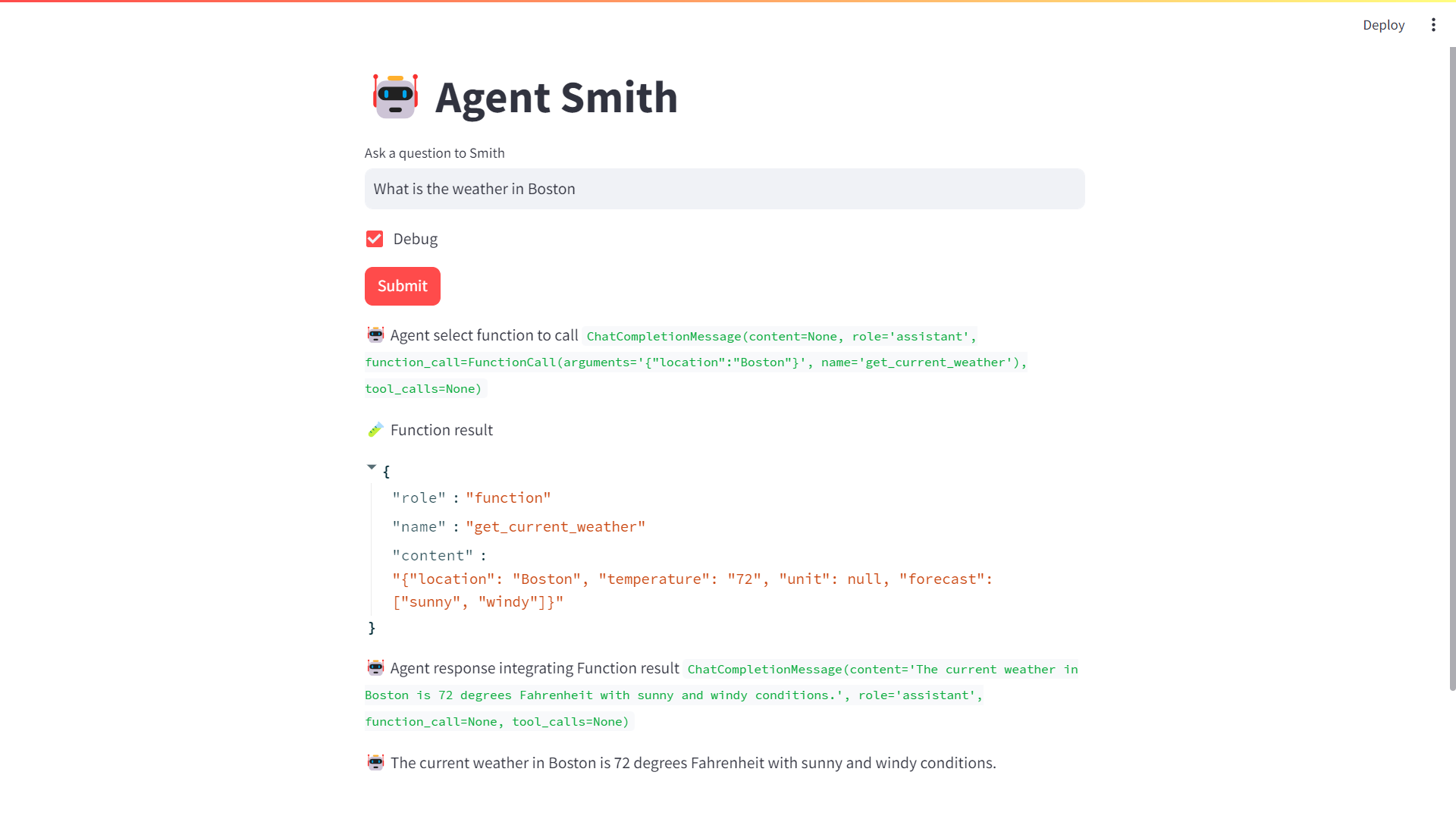 Figure 5‑7 Agent smith calling a function to get the current weather