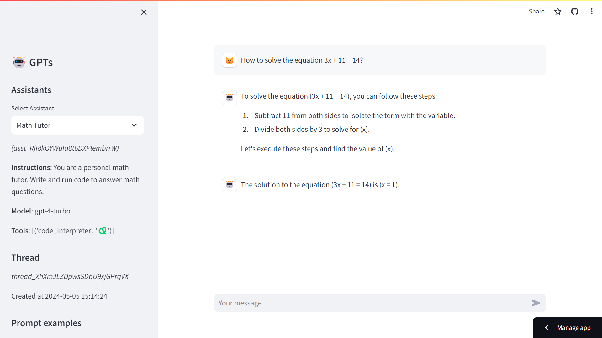 Figure 5‑10 Streamlit app wrapping the Assistant API