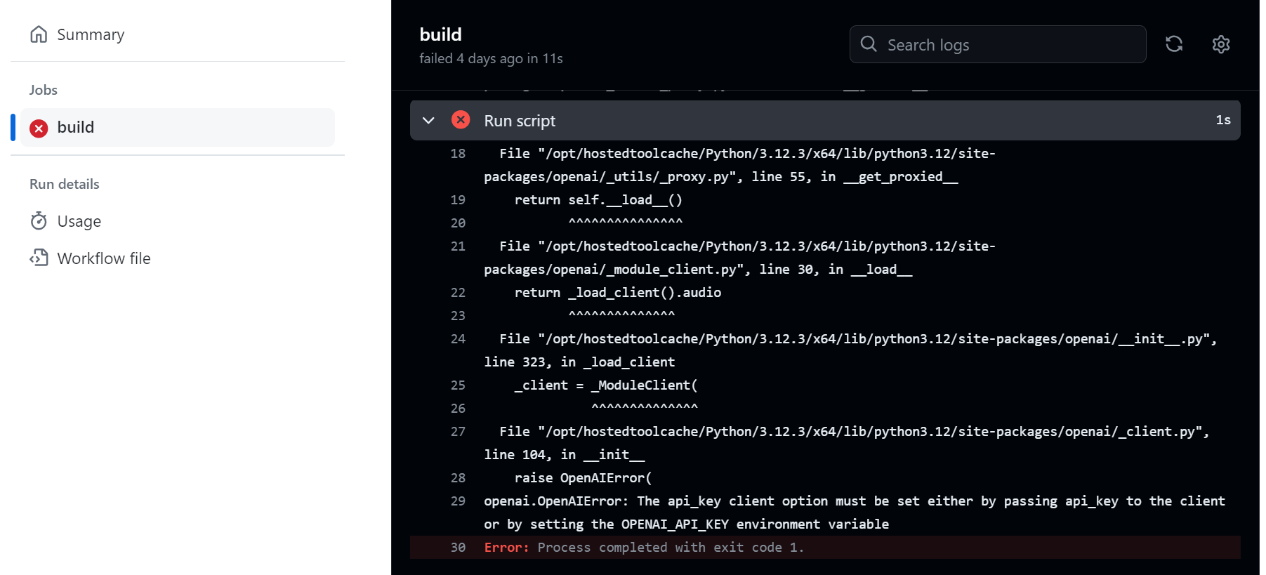 Figure 6‑5 Logs for a job called "build" in a GitHub Action
