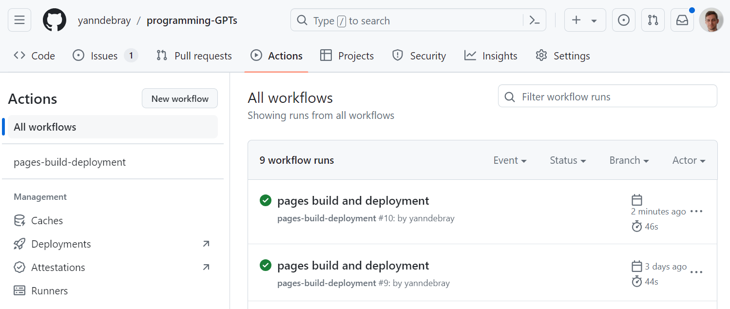 Figure 6‑8 Dashboard of all the workflows that ran for a set of GitHub Actions in a repo