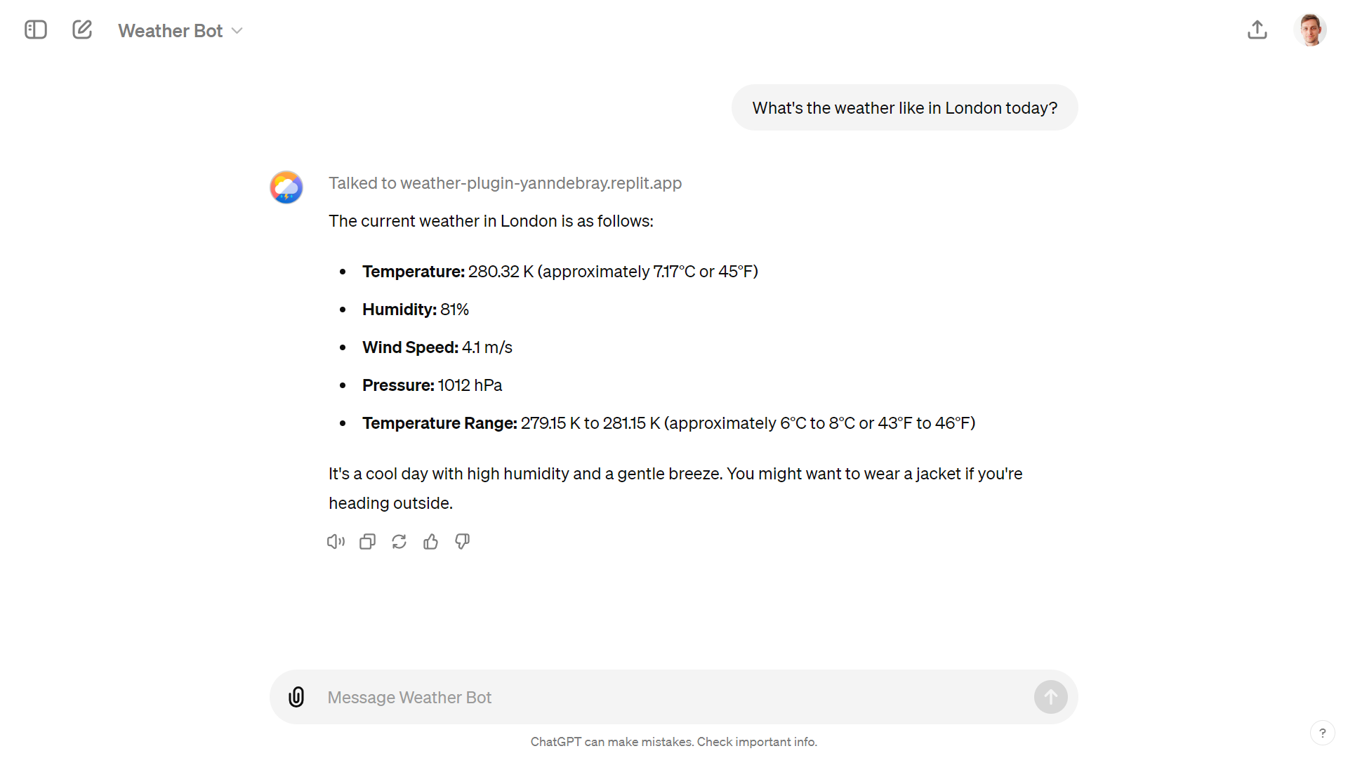 Figure 9‑4 Conversation inside ChatGPT with my WeatherGPT
